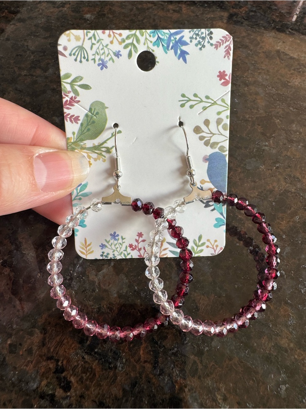 Handcrafted Crystal Beaded Hoop Dangle Earrings Burgundy Pink Clear Nickel Free